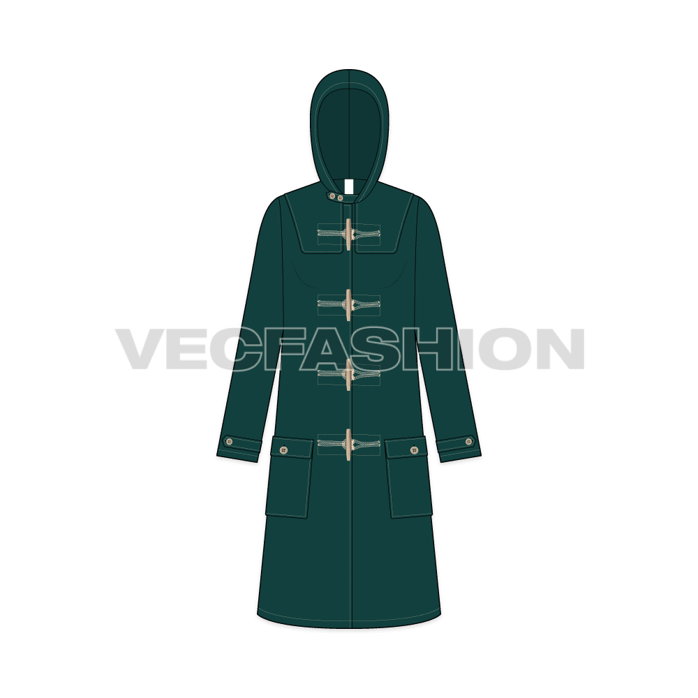 A Vector Template for Women's Classic Duffle Coat in Dark Green Color. It is added with Wooden Toggles on front, Main Loop Label, Big Coat Buttons and Big Pockets on Side Front.