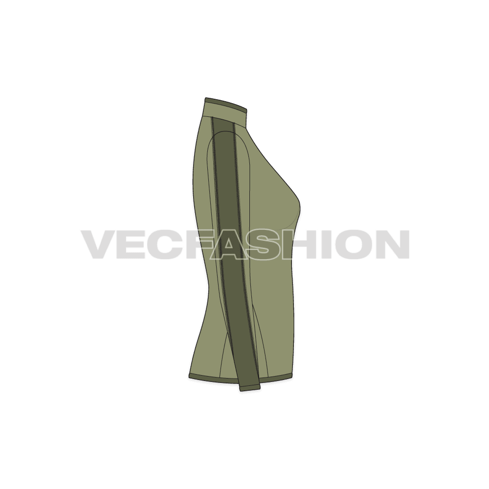 A vector template for Women's Climbing Fleece Jacket. It is colored in olive green color with a darker tone of it to give a thick bold stripe.