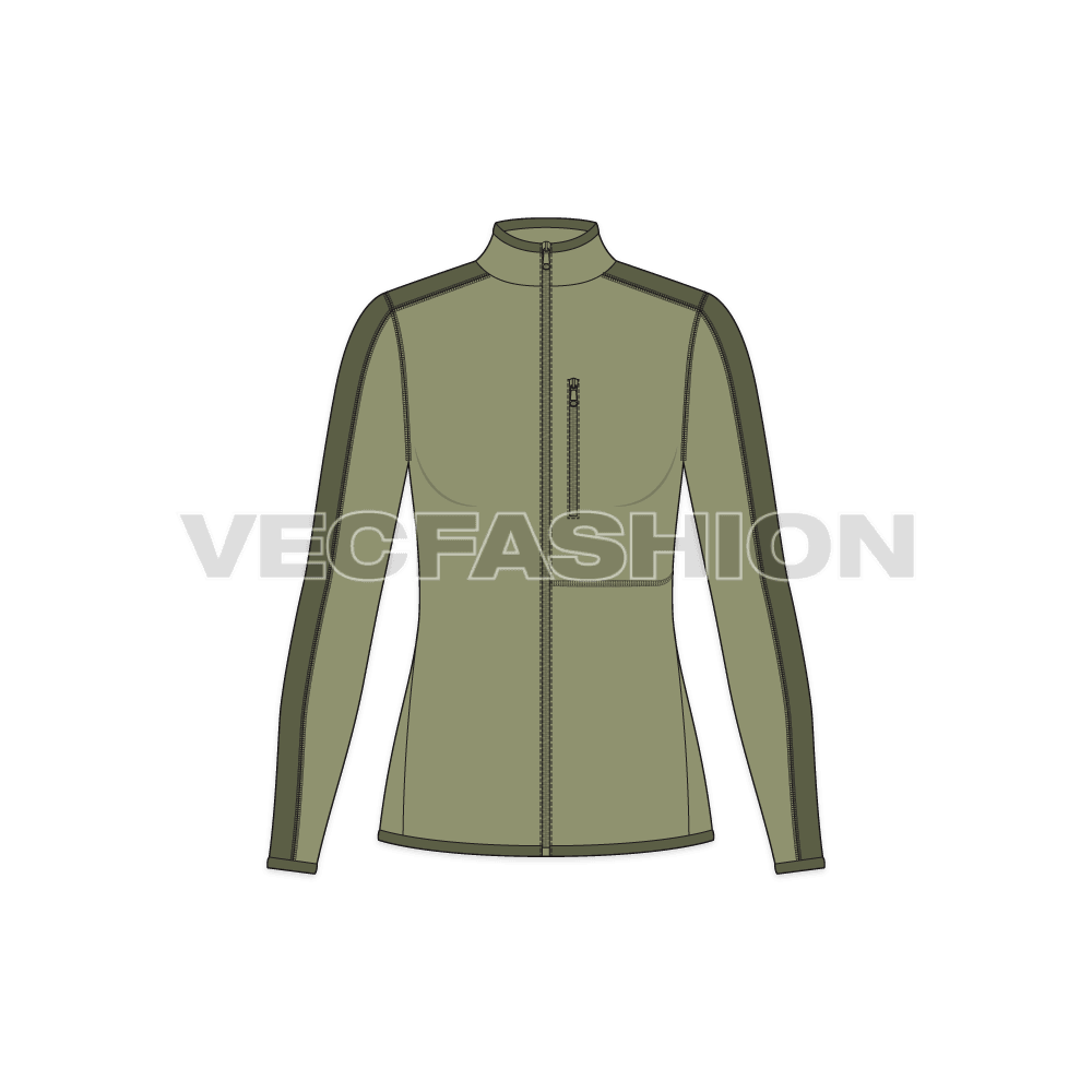 A vector template for Women's Climbing Fleece Jacket. It is colored in olive green color with a darker tone of it to give a thick bold stripe.