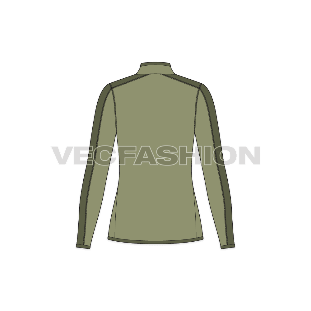 A vector template for Women's Climbing Fleece Jacket. It is colored in olive green color with a darker tone of it to give a thick bold stripe.