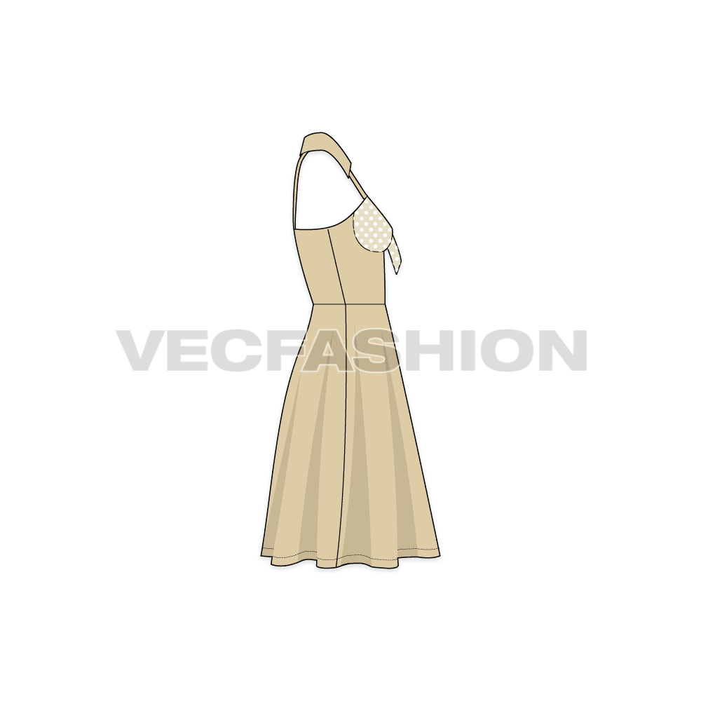 A vector template for Women's Cocktail Party Dress. It has a beige colored fabric on top layer with polka dots fabric as an under layer.
