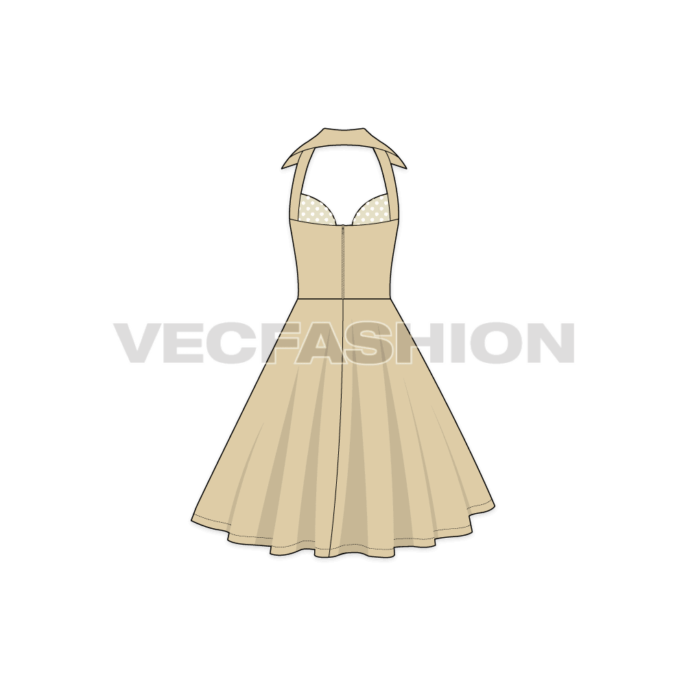 A vector template for Women's Cocktail Party Dress. It has a beige colored fabric on top layer with polka dots fabric as an under layer.