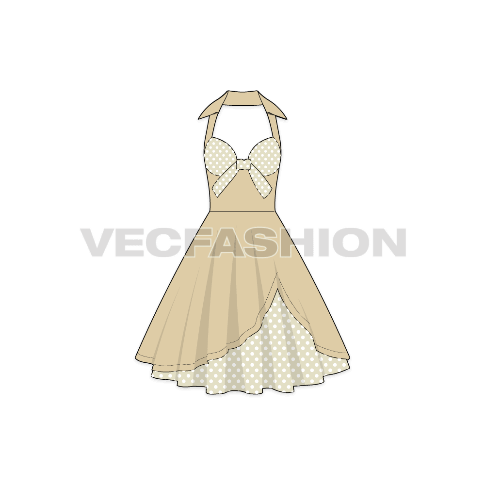 A vector template for Women's Cocktail Party Dress. It has a beige colored fabric on top layer with polka dots fabric as an under layer.
