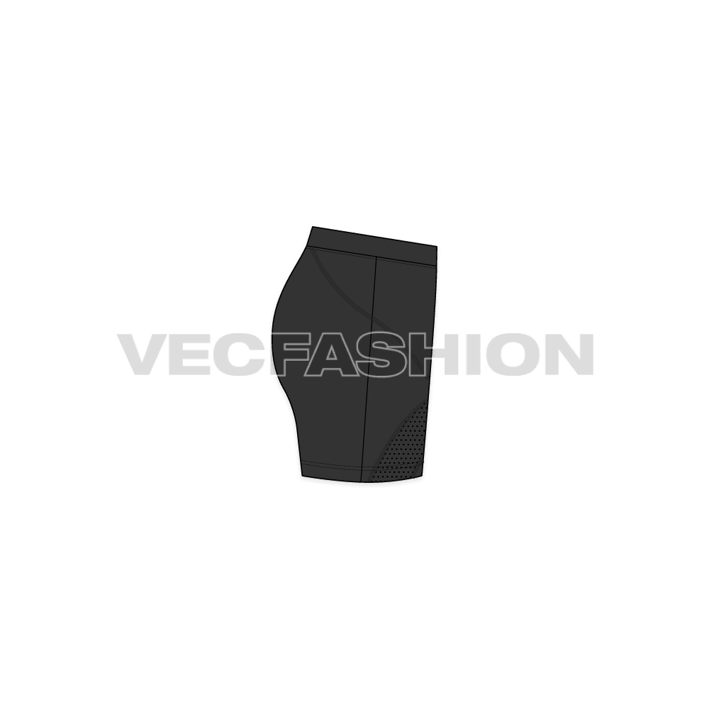 A vector fashion sketch template of Women's Compression Shorts. It is made out of lycra material and have panels on sides with flat lock stitch. 