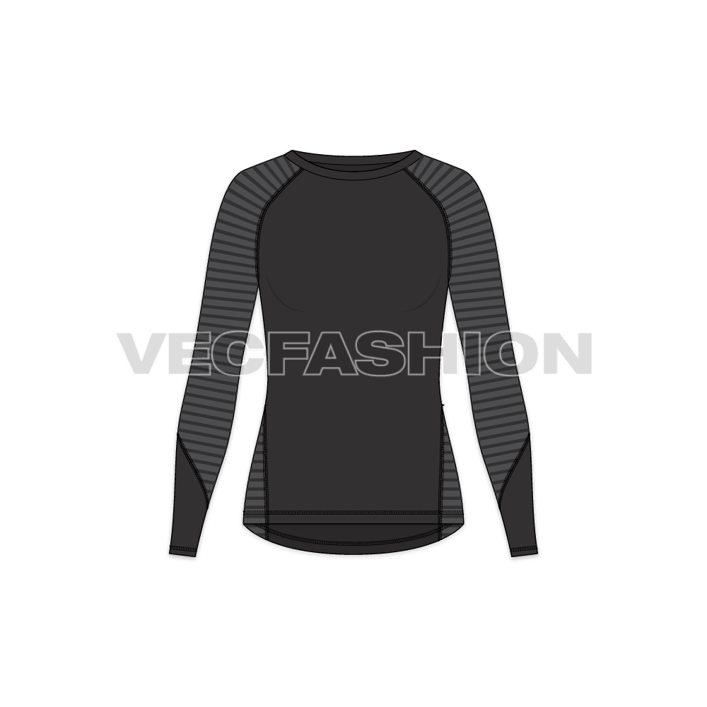 A vector templates for Women's Compression Tee in black and charcoal gray color. It is design with the clima cool fabric and help you boost your confidence by giving you a locked-in feel. This fabric and fit is great to keep you focused and empowered for your fitness and training sessions.
