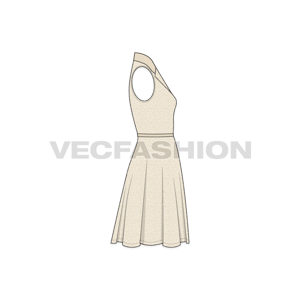 A printed Women's Casual Cotton Poplin Dress with printed fabric and solid colored Top Collar.  This template has functional belt at waist with simple plastic buttons on centre front.