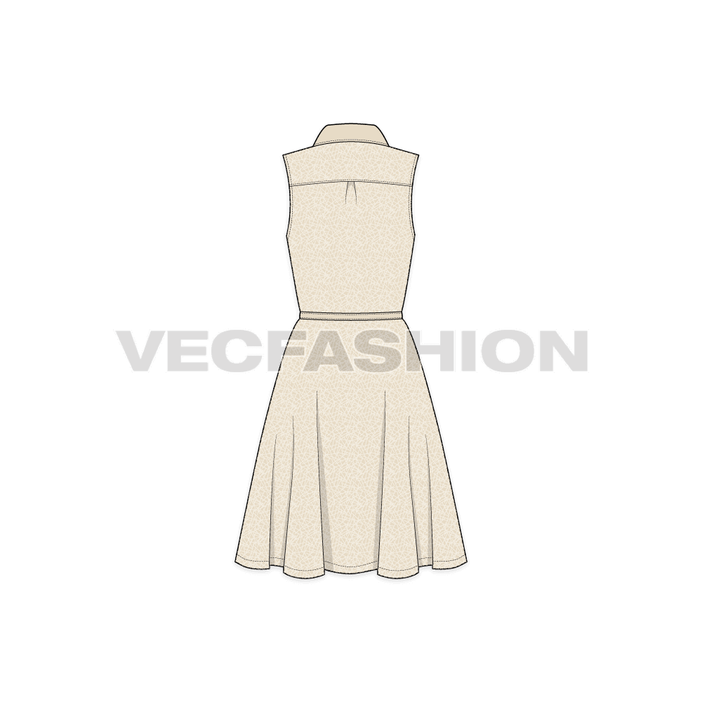 A printed Women's Casual Cotton Poplin Dress with printed fabric and solid colored Top Collar.  This template has functional belt at waist with simple plastic buttons on centre front.