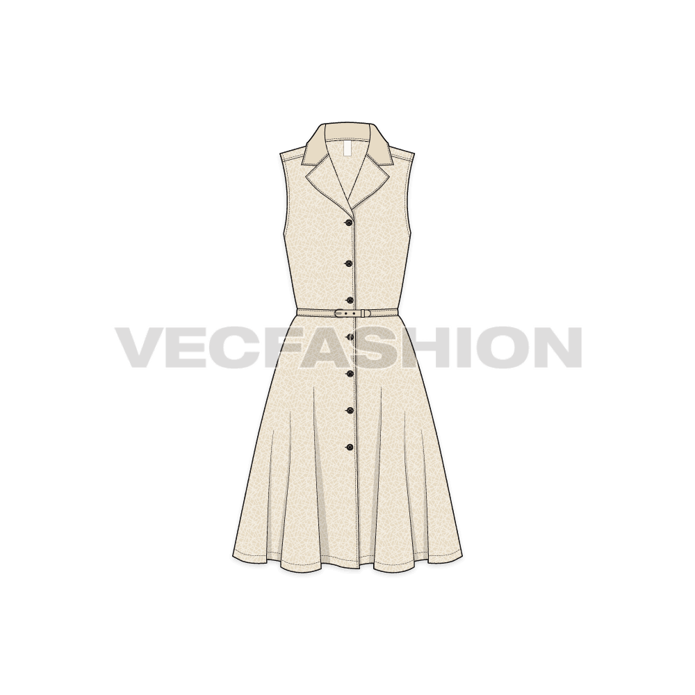 A printed Women's Casual Cotton Poplin Dress with printed fabric and solid colored Top Collar.  This template has functional belt at waist with simple plastic buttons on centre front.