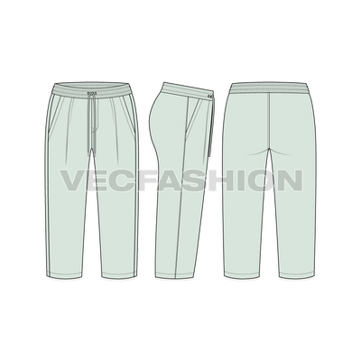 A vector fashion sketch for Women's Cozy Work Slacks. It has elasticated waistband with long drawstrings. The length is capri and colored in mint green giving a cool look.