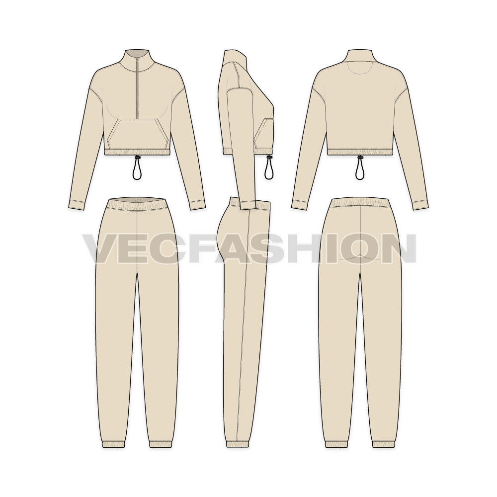 An editable vector template for Women's Crop Jacket Sweatsuit. It has a cropped jacket with knot on waist and a kangaroo pocket. The pants is a lose fit and have elasticated waist band.