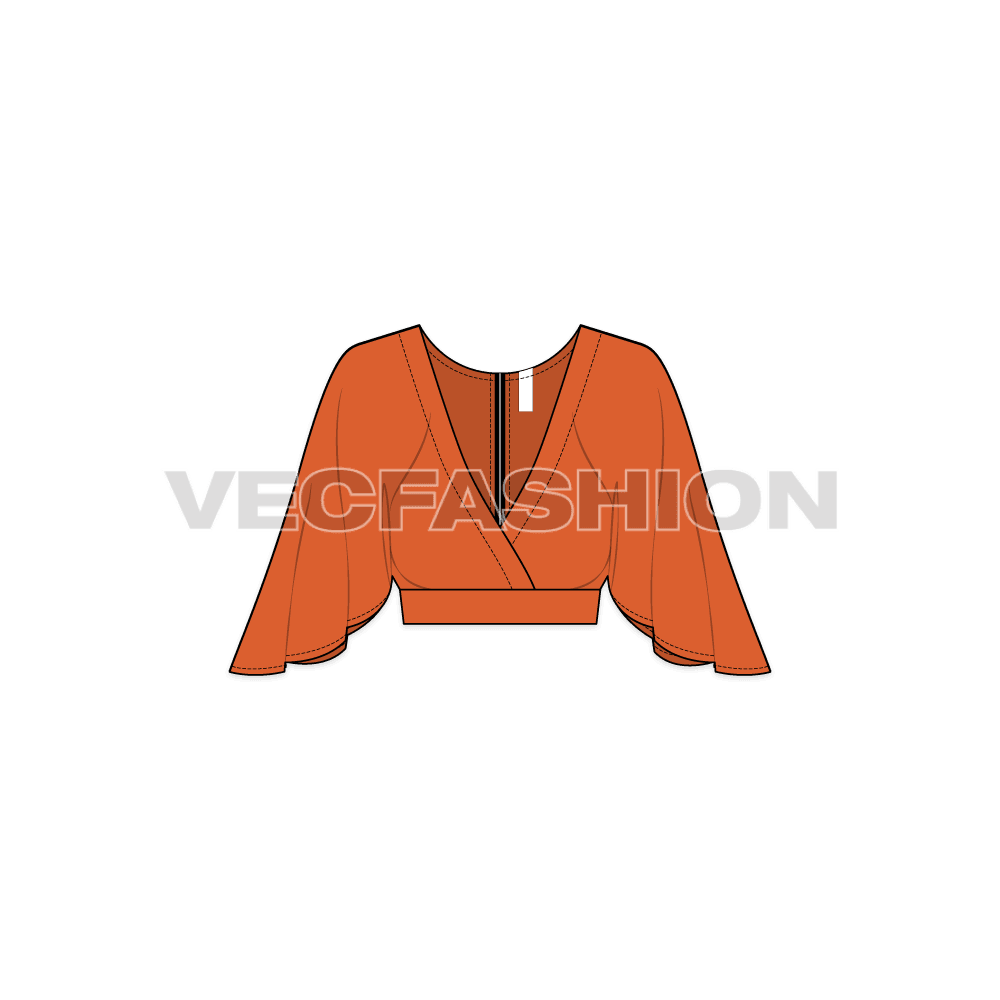 A vector template of Women's Crop Top. It is a very deep overlapping V-neck locked in place with the waistband and enclosure is at the back.