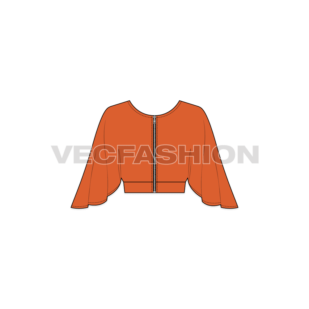 A vector template of Women's Crop Top. It is a very deep overlapping V-neck locked in place with the waistband and enclosure is at the back.