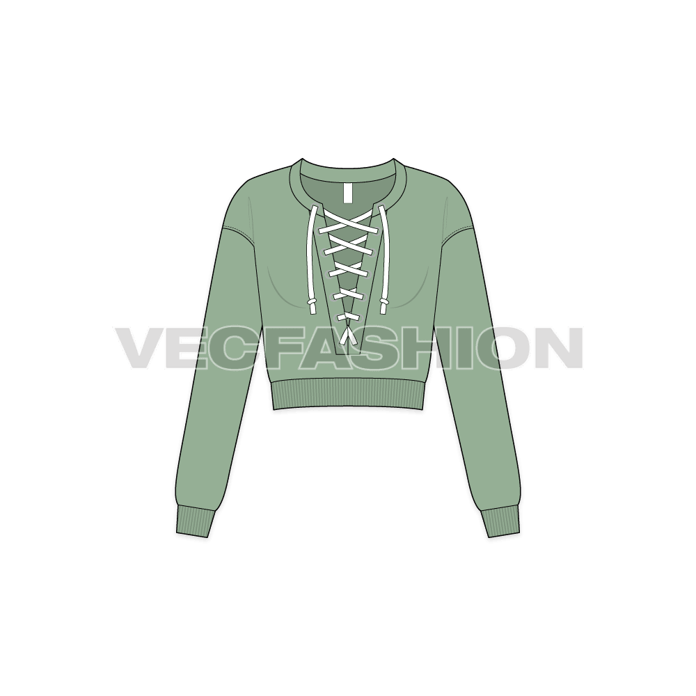 A vector template for Women's Cropped Pullover. It has a big open neck with tassels on it closing. The body is cropped and sleeves are full length. 