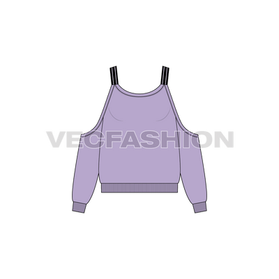 A vector template of Women's Cut Out Jumper. It has a slightly wide neck with cut-out shoulders. The sleeves and body have volume and there are striped shoulder straps.