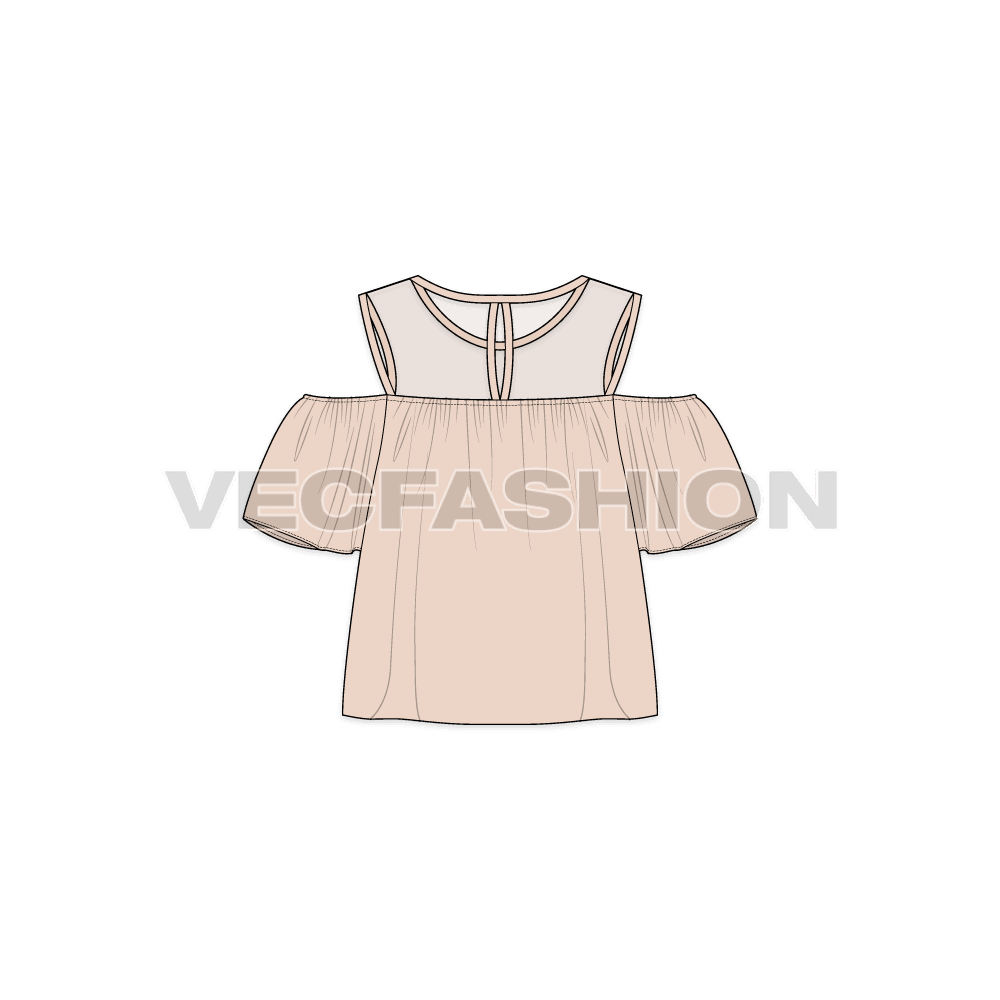 A vector template of Women's Cut Out Mesh Top. It has a crew neck with sheer mesh yoke on top bodice. This is inspired by the Cut out jumper and have flared sleeves and bottom hem.