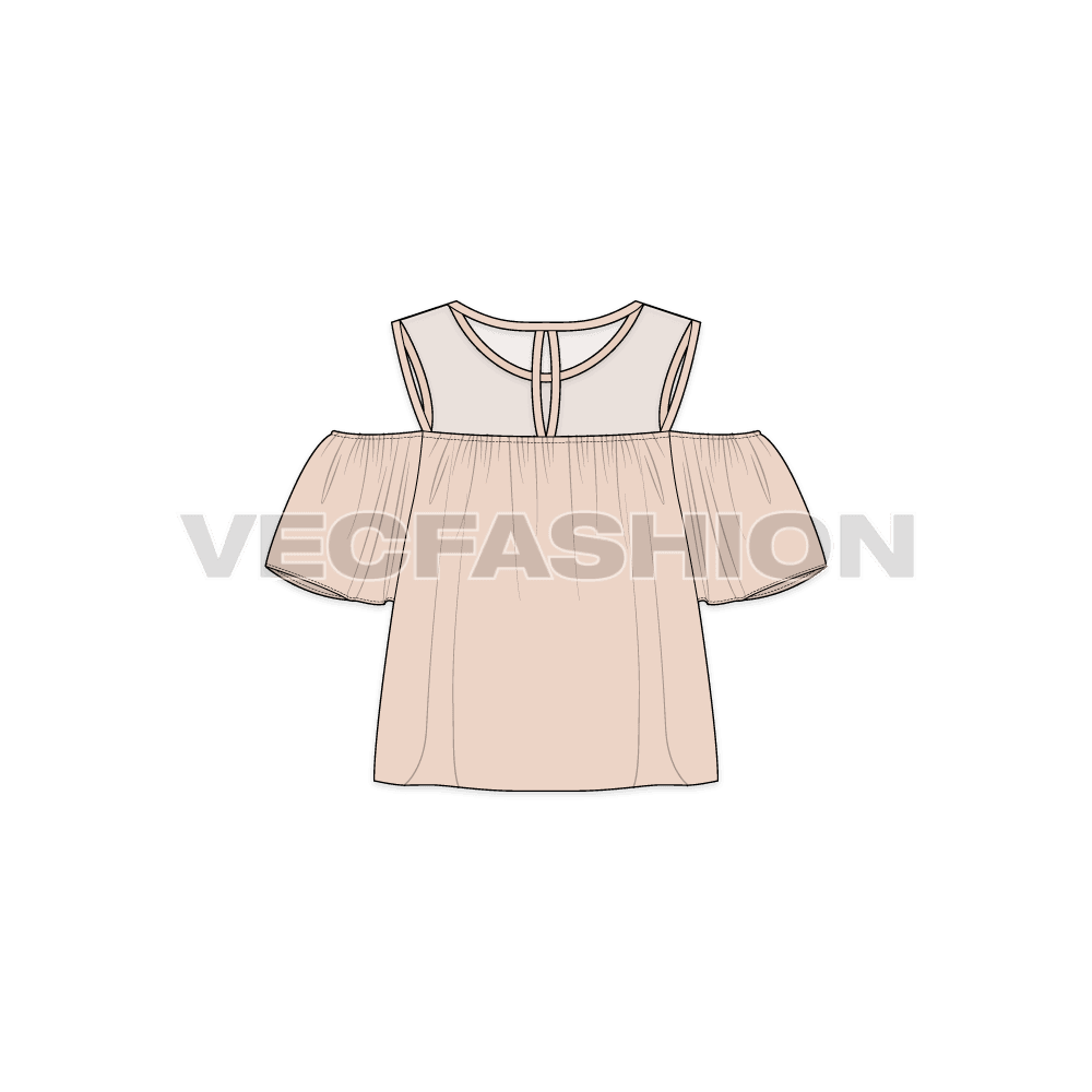 A vector template of Women's Cut Out Mesh Top. It has a crew neck with sheer mesh yoke on top bodice. This is inspired by the Cut out jumper and have flared sleeves and bottom hem. 