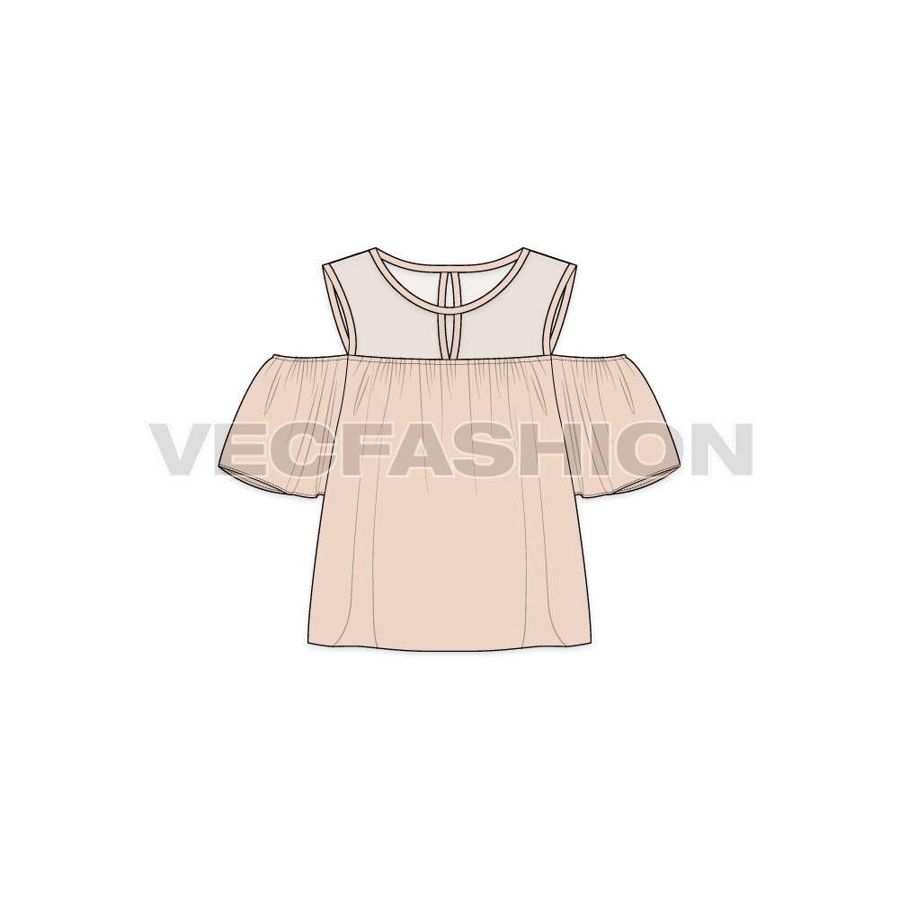 A vector template of Women's Cut Out Mesh Top. It has a crew neck with sheer mesh yoke on top bodice. This is inspired by the Cut out jumper and have flared sleeves and bottom hem.