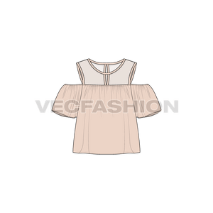A vector template of Women's Cut Out Mesh Top. It has a crew neck with sheer mesh yoke on top bodice. This is inspired by the Cut out jumper and have flared sleeves and bottom hem. 