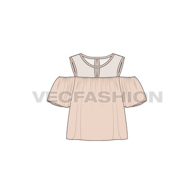A vector template of Women's Cut Out Mesh Top. It has a crew neck with sheer mesh yoke on top bodice. This is inspired by the Cut out jumper and have flared sleeves and bottom hem.