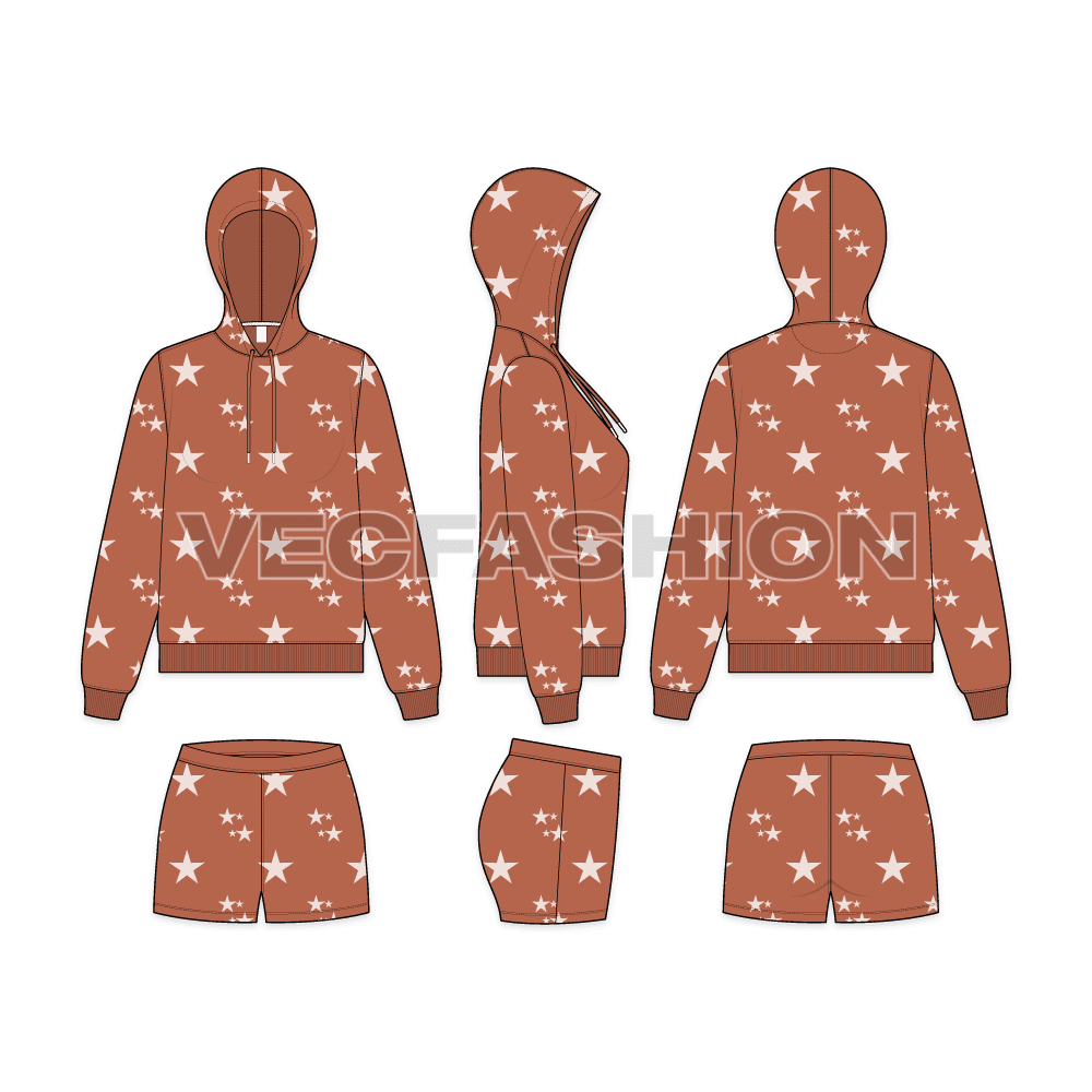 A vector template sketch for Women's Daywear Sweatsuit. It is made out of very soft terry material with all over star print. The hoodie has slim opening to snug around the head and shorts is with elasticated waistband.