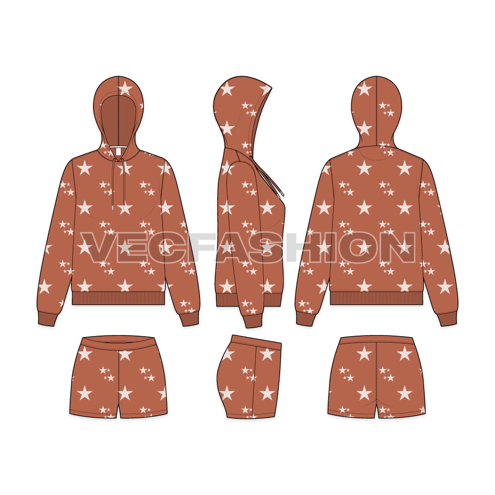 A vector template sketch for Women's Daywear Sweatsuit. It is made out of very soft terry material with all over star print. The hoodie has slim opening to snug around the head and shorts is with elasticated waistband. 