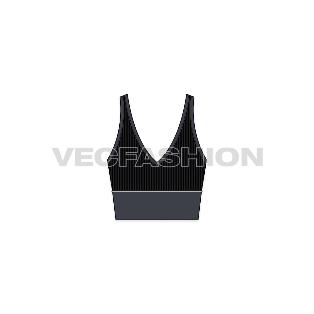 A vector template of Women's Deep Neck Tank. It has a V neck shape on front and round at the back. The lower part of body have a wide panel in medium gray with a strike through white colored piping at the joint.