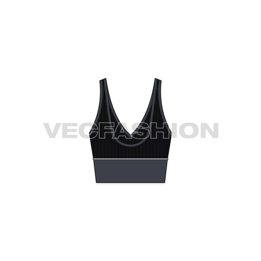 A vector template of Women's Deep Neck Tank. It has a V neck shape on front and round at the back. The lower part of body have a wide panel in medium gray with a strike through white colored piping at the joint.