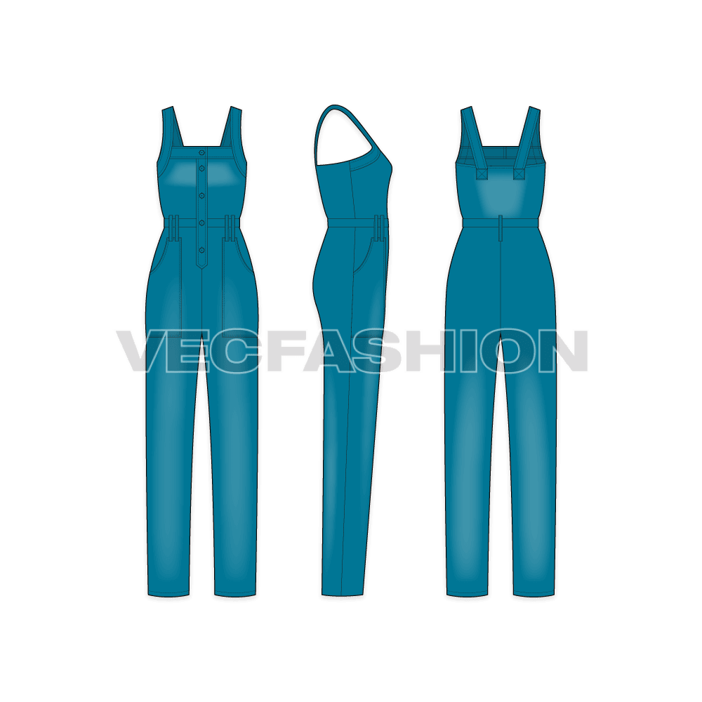 A vector illustrator template for Women's Denim Dungaree. It is colored in teal blue color by over-dyed technique on a regular denim and have pockets and straps details on it.  