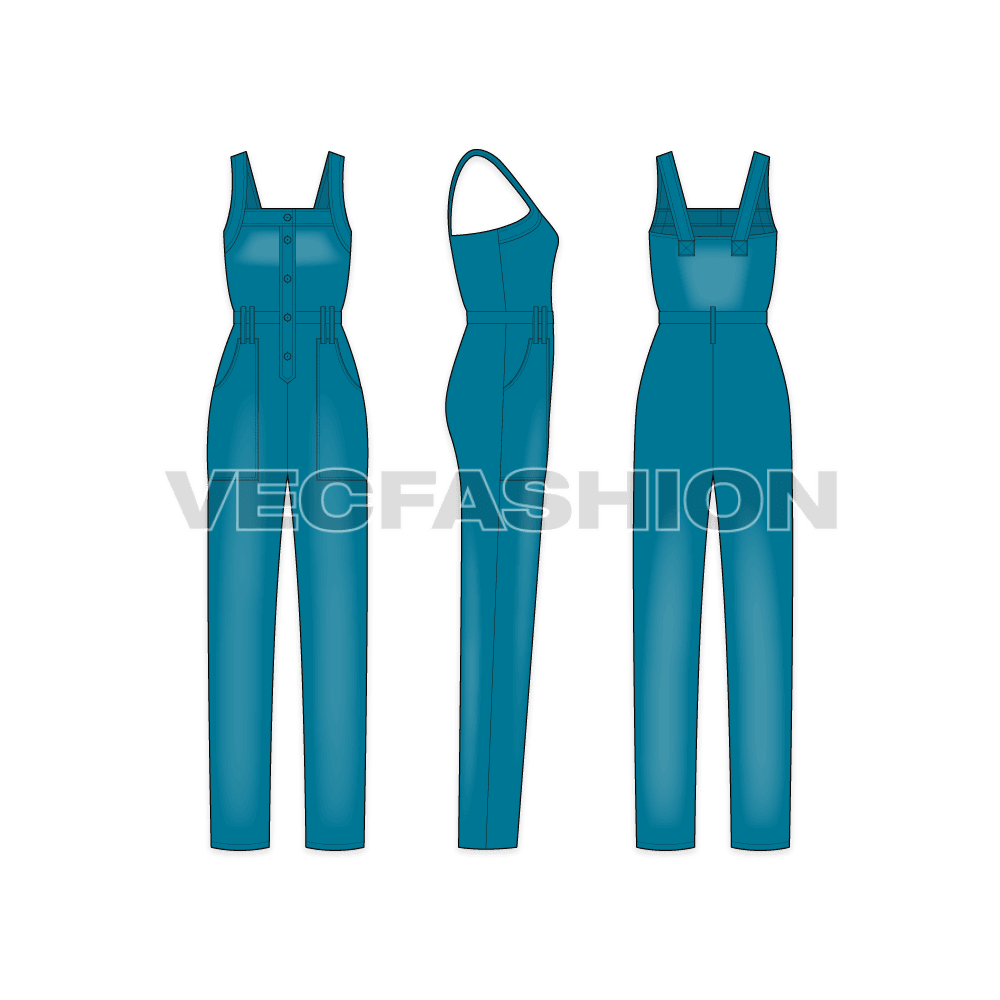 A vector illustrator template for Women's Denim Dungaree. It is colored in teal blue color by over-dyed technique on a regular denim and have pockets and straps details on it.