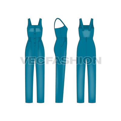 A vector illustrator template for Women's Denim Dungaree. It is colored in teal blue color by over-dyed technique on a regular denim and have pockets and straps details on it.