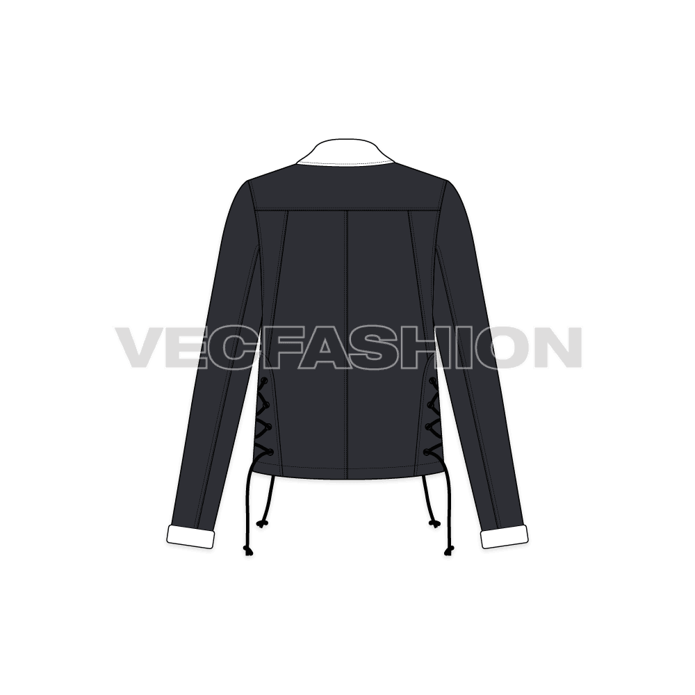 A vector illustrator template for Women's Denim Jacket. It is a dropped shoulder streetwear style jacket with heavy design details like, strings, panels, pockets etc.