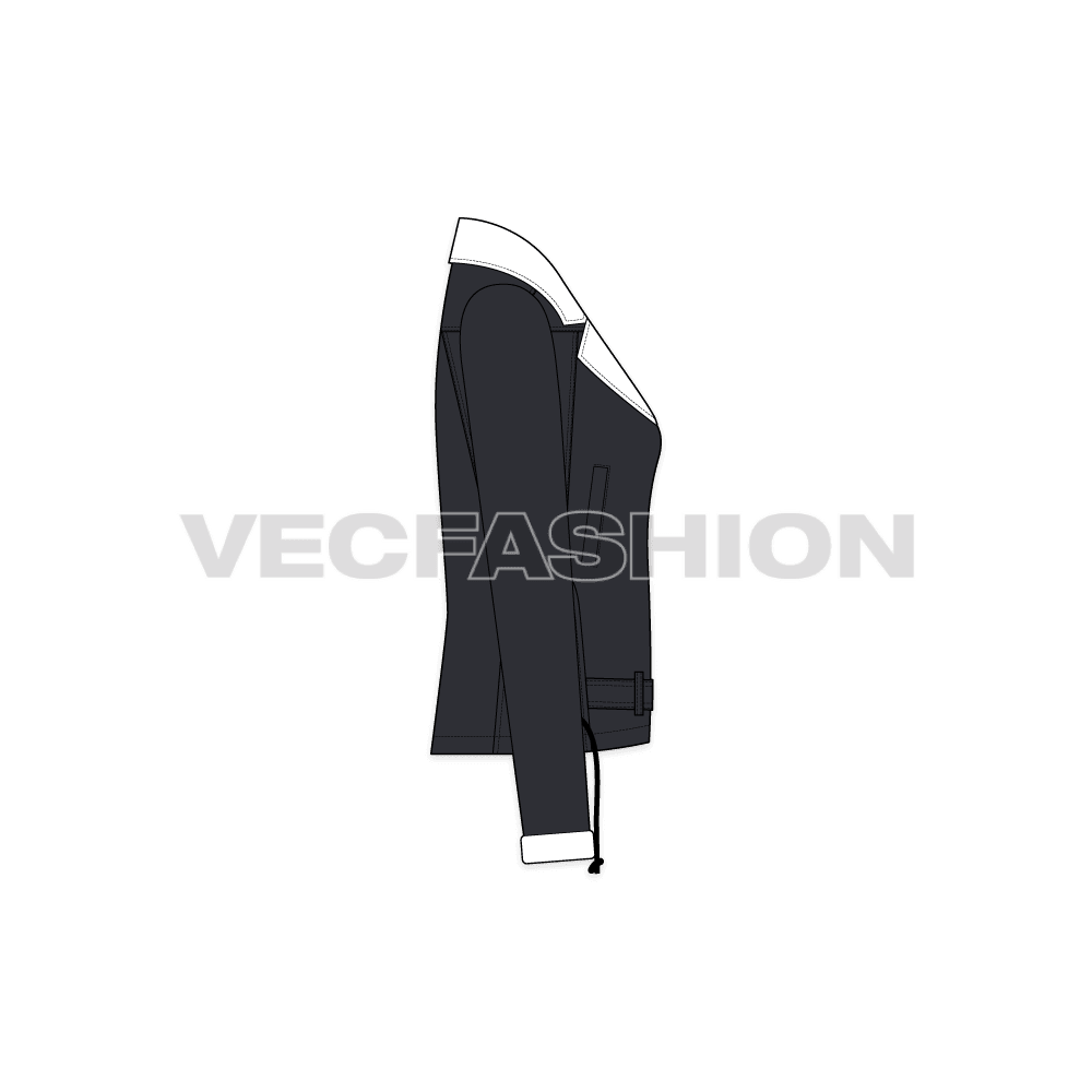 A vector illustrator template for Women's Denim Jacket. It is a dropped shoulder streetwear style jacket with heavy design details like, strings, panels, pockets etc.