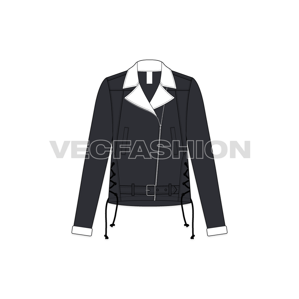 A vector illustrator template for Women's Denim Jacket. It is a dropped shoulder streetwear style jacket with heavy design details like, strings, panels, pockets etc.