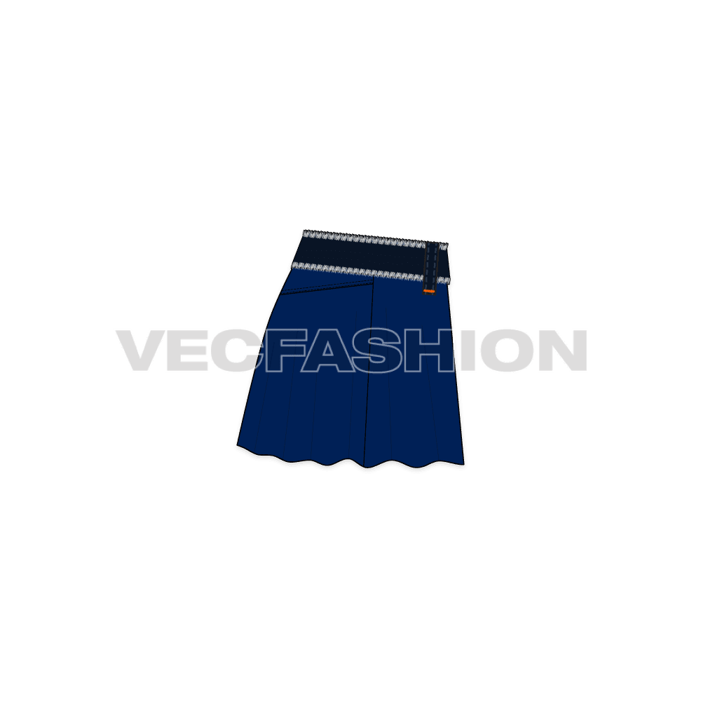 A detailed vector template of Women's Denim Skirt with Flares in Indigo Blue Denim Fabric Texture. This is fully editable template showing front and back view. It includes Denim Belt Vector Fashion Accessory with frayed edges.