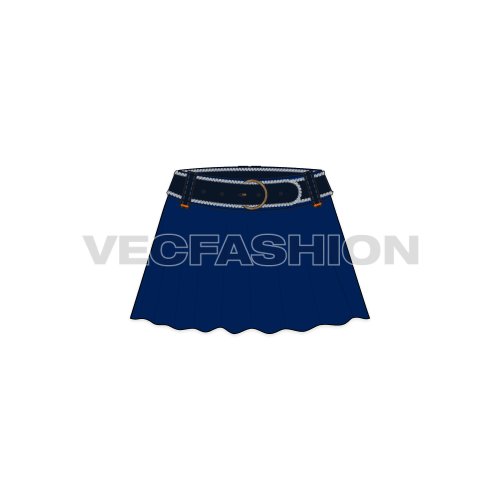 A detailed vector template of Women's Denim Skirt with Flares in Indigo Blue Denim Fabric Texture. This is fully editable template showing front and back view. It includes Denim Belt Vector Fashion Accessory with frayed edges.