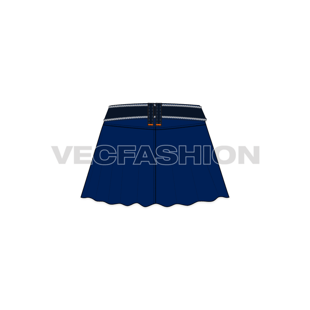 A detailed vector template of Women's Denim Skirt with Flares in Indigo Blue Denim Fabric Texture. This is fully editable template showing front and back view. It includes Denim Belt Vector Fashion Accessory with frayed edges.