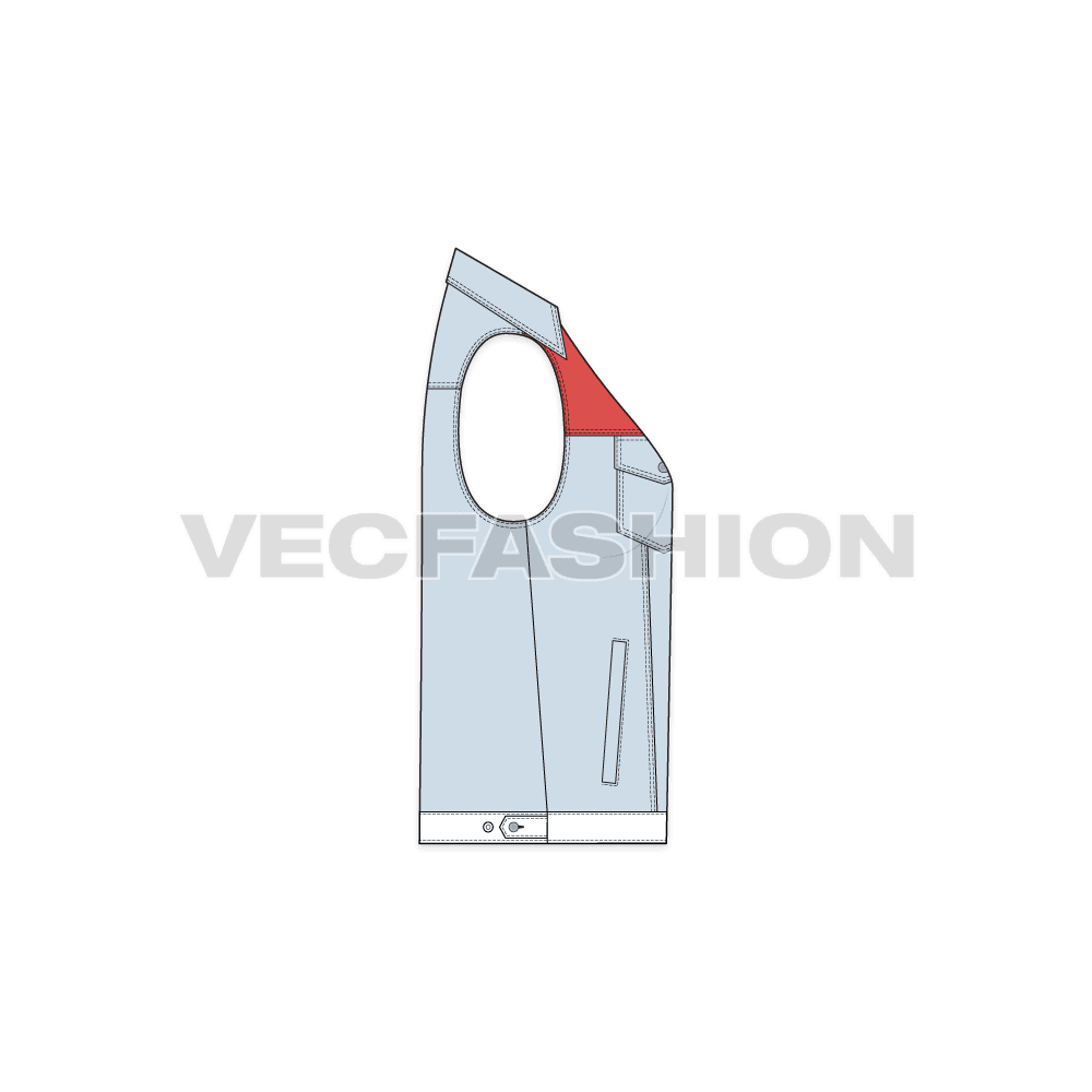 A vector template for Women's Denim Vest. It has a streetwear look with distress front yoke. The contrast red colored yoke and white denim giving it a very special effect.