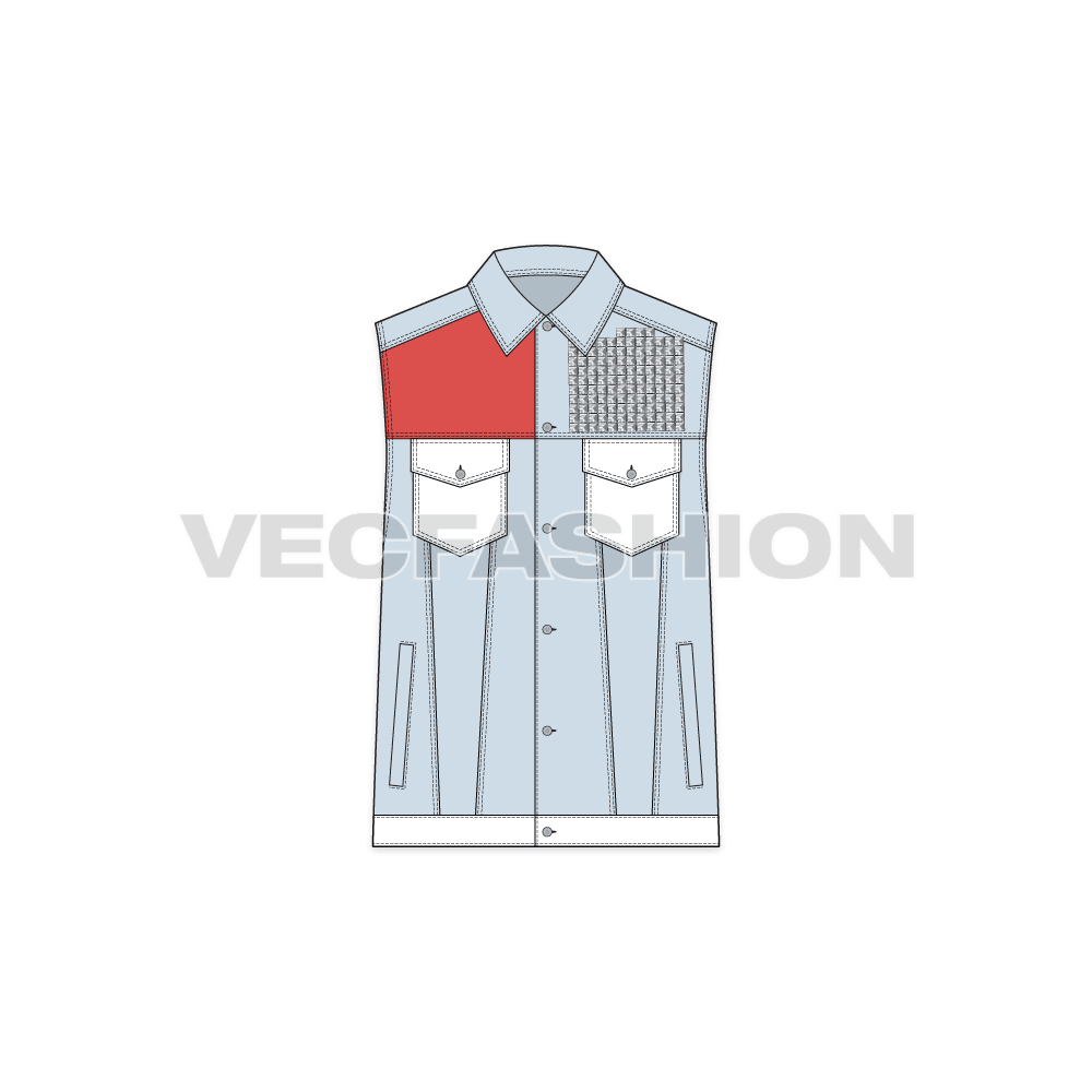 A vector template for Women's Denim Vest. It has a streetwear look with distress front yoke. The contrast red colored yoke and white denim giving it a very special effect.