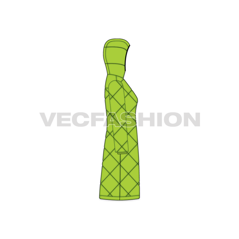 A vector template for Women's Diagonal Panelled Puffer Coat. It is square panels and stitched with insulation filling, called the quilting process.