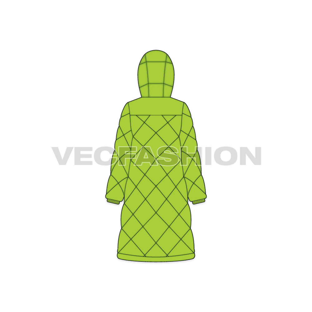 A vector template for Women's Diagonal Panelled Puffer Coat. It is square panels and stitched with insulation filling, called the quilting process.