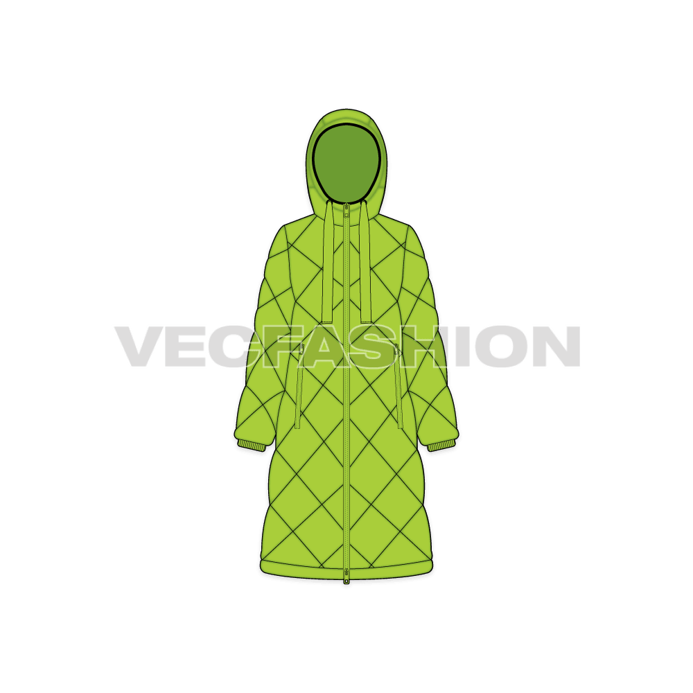 A vector template for Women's Diagonal Panelled Puffer Coat. It is square panels and stitched with insulation filling, called the quilting process.