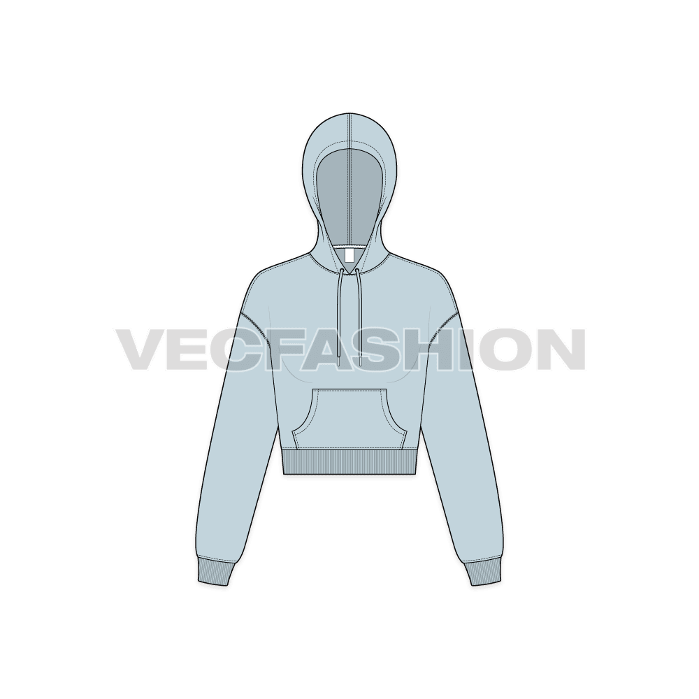 A vector illustrator sketch template of Women's Drop Shoulder Crop Hoodie with Kangaroo Pocket.