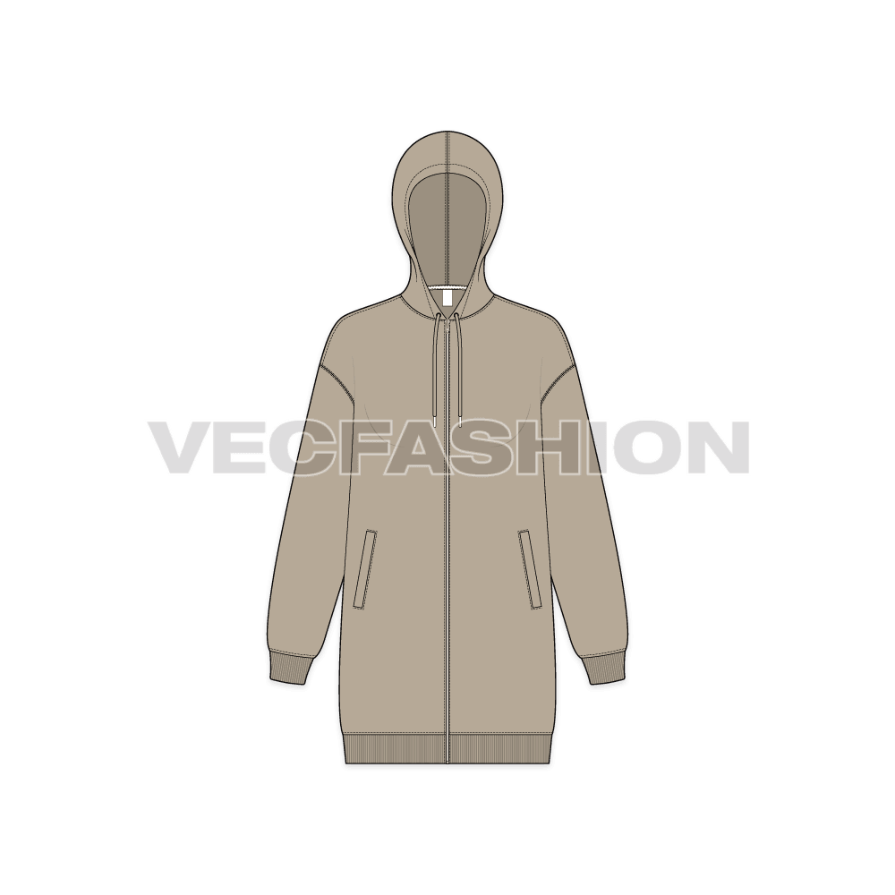 A vector illustrator sketch template of Women's Drop Shoulder Front Open Hoodie. It is illustrated with Front, Side and Back view. 