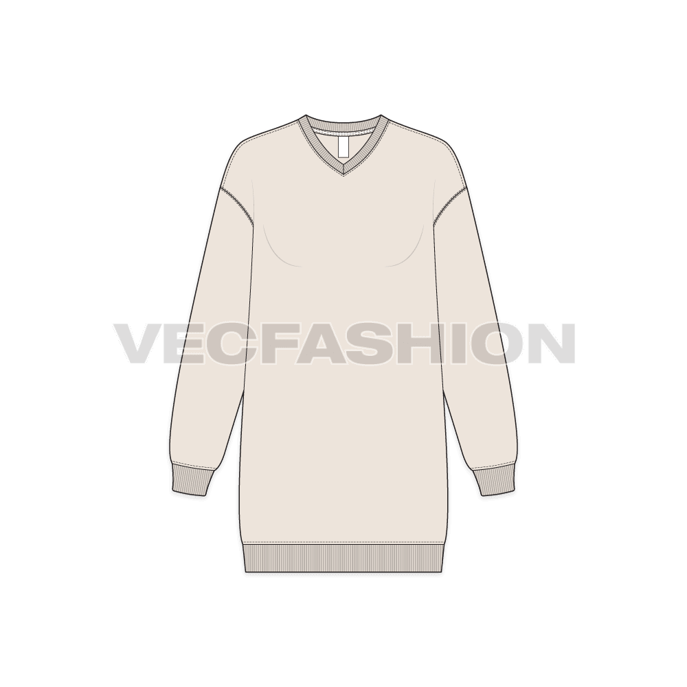 A vector illustrator sketch template of Women's Drop Shoulder V-neck Sweatshirt. It is illustrated with Front, Side and Back view. It is a V-neck sweatshirt in long length with rib on neck, sleeve cuffs and bottom hem. 