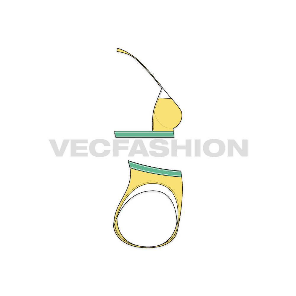 A vector template for Women's Fashion Bikini Set, it has sheer mesh panels on the bikini with branded elastic on the under busts.