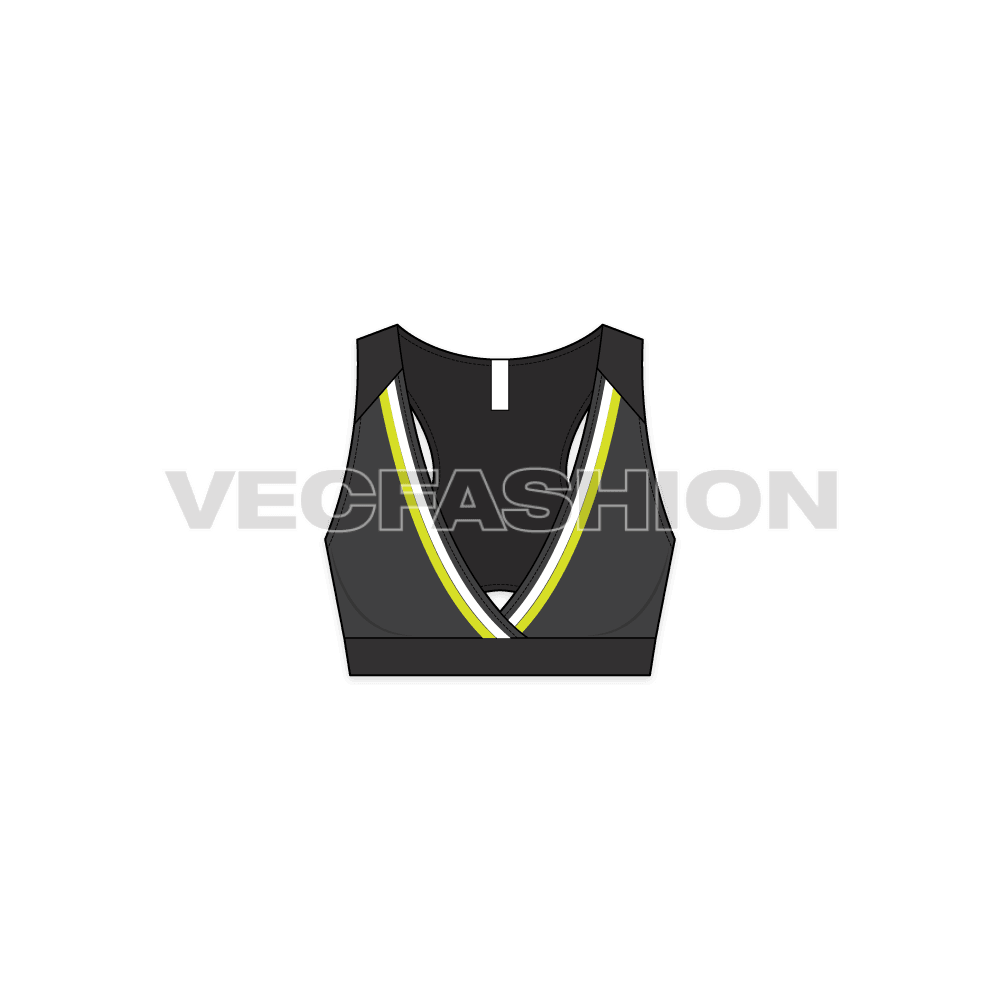 A new template for Women's Fitness Sports Top, it is a cross-over style made with striking lines going by the front edge. It has thick wording going on front and back.