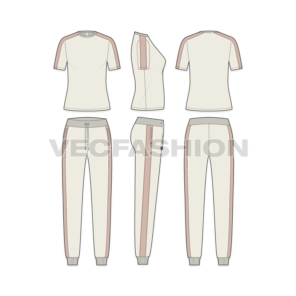 A vector template for Women's Fitness Tracksuit in vintage light stone color. It has contrast panels on sides and have a t-shirt and pants.