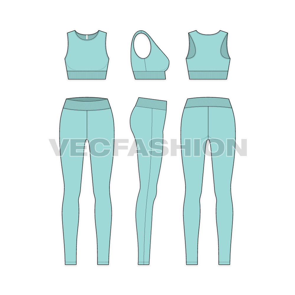 A newly created vector fashion flats for Women's Sportswear Section. It has Sports Bra Top and Tights. It is illustrated on top of an athlete model giving you a real proportion to life scale.