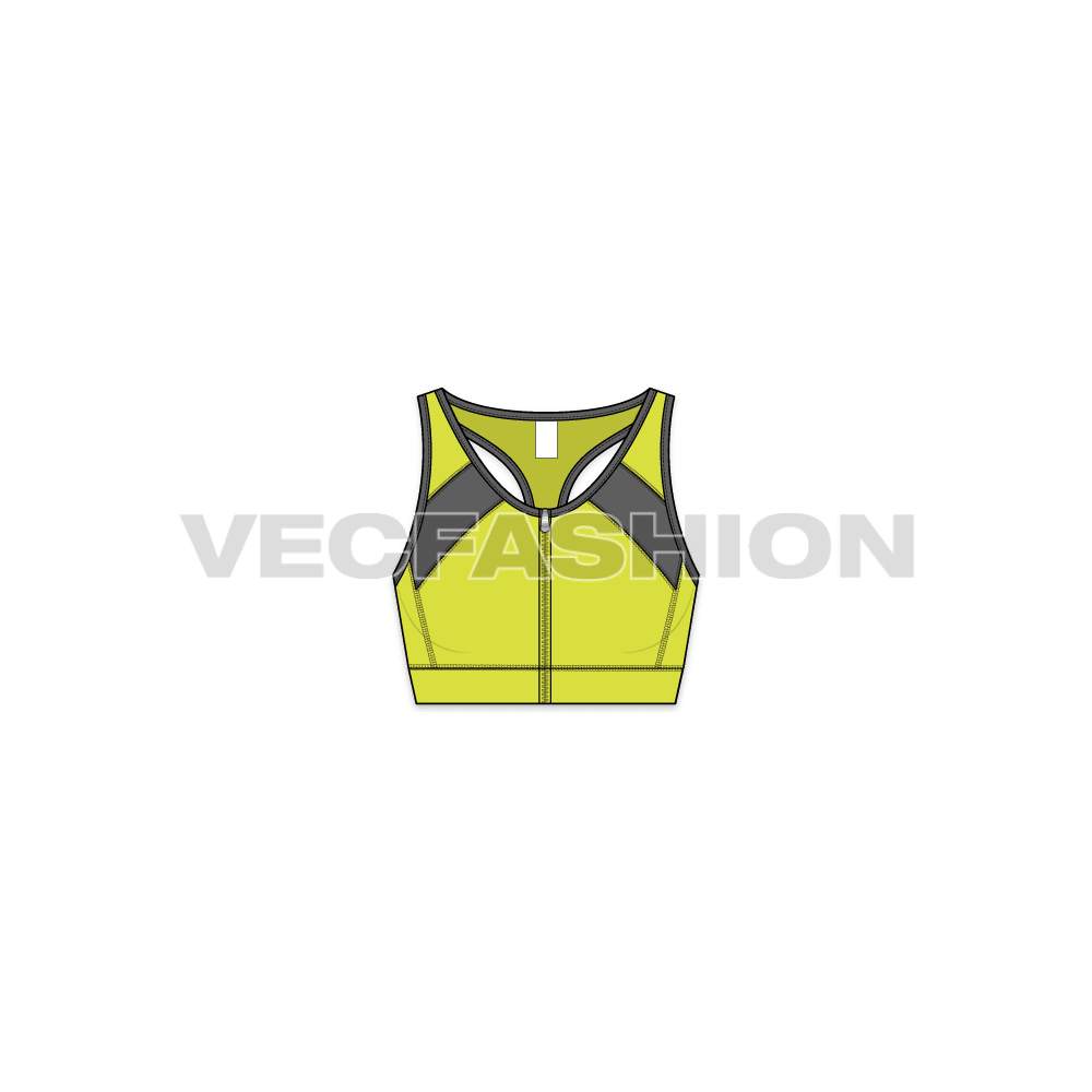A simple vector illustration for Women's Fitness Training Sports Bra. This Sports Bra is the most advanced style and construction. This is showing 3 different views Front with Zip Down, Zip up and the Back view.
