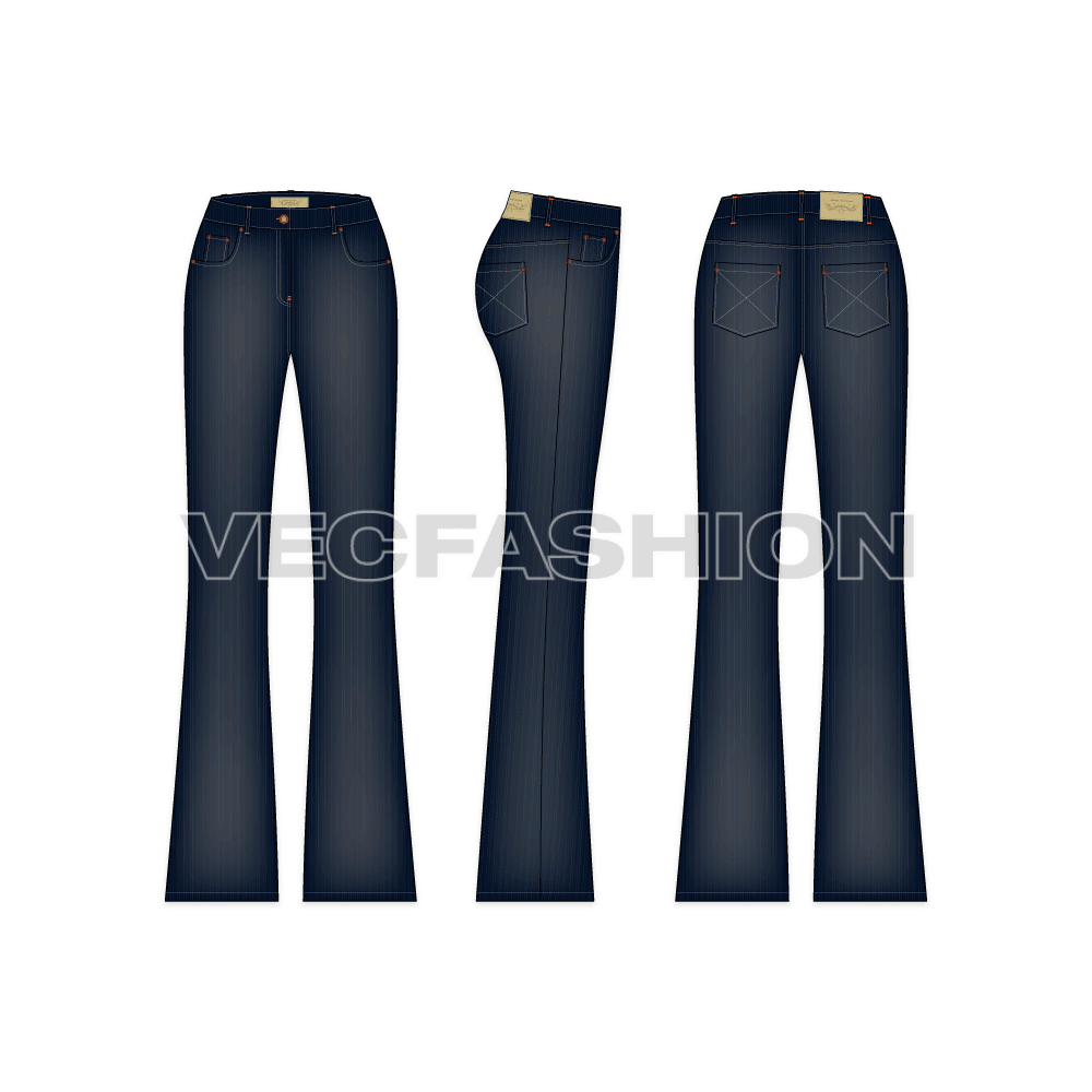 An indigo rendered vector template for Women 'sFlare Leg Denim Jeans. This template includes Metal Shank on waist band, Metal Rivets,  PU Label, Back Pocket PU Label, Belt Loops with Bar Tack Stitch and Double Needle Stitch on all over garment.